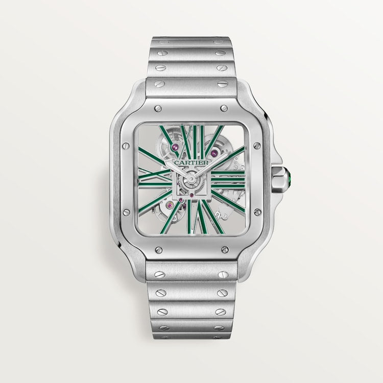 Santos de Cartier Skeleton Large 39.8mm Steel Green Jasper Crown Skeleton Dial Steel Bracelet Manual-Winding Watch
