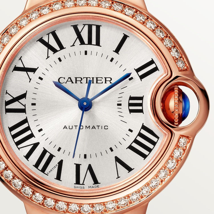 Ballon Bleu 33mm Rose Gold Diamond Case Silvered Sunray Dial Burgundy Alligator Strap Automatic Watch