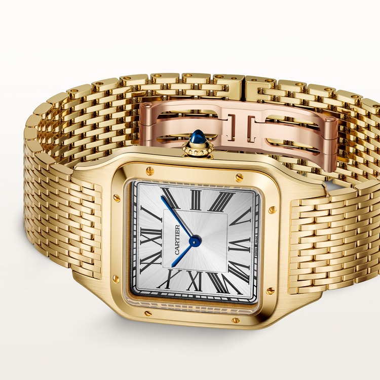 Santos-Dumont Large 43.5mm x 31.4mm Yellow Gold Silvered Satin-Finish Dial Alligator Strap Manual-Winding Watch