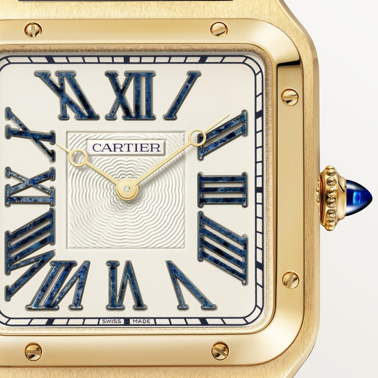 Santos-Dumont XL 46.6mm x 33.9mm Yellow Gold Blue Dumortierite Dial Alligator Strap Manual-Winding Watch