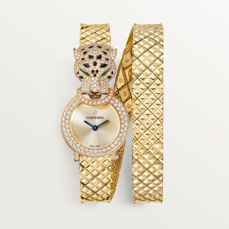 Panthère de Cartier Mini 23.6mm Yellow Gold Diamond Bezel Diamond Panther Head Emerald Eyes Golden Dial Yellow Gold Double Loop Bracelet Quartz Watch