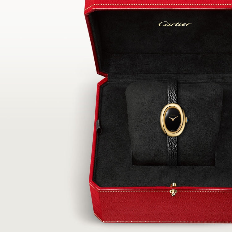 Baignoire Mini 24.6mm x 18.7mm Yellow Gold Beaded Crown Sapphire Cabochon Black Lacquered Dial Black Calfskin Strap Quartz Watch