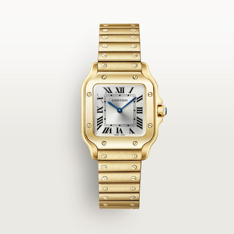 Santos de Cartier Small 34.5mm x 27mm Yellow Gold Blue Crown Silver Sunray Dial Yellow Gold Bracelet Quartz Watch
