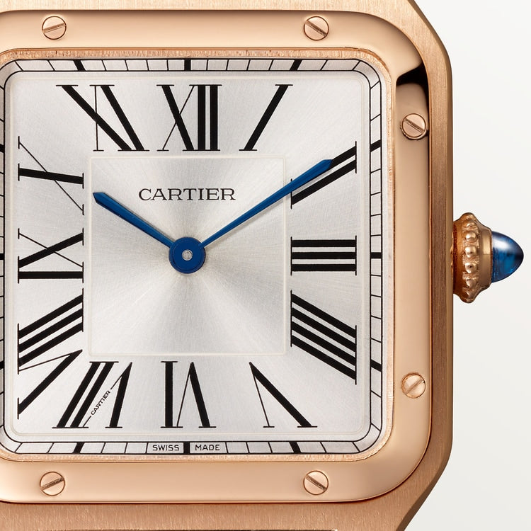 Santos-Dumont Large 43.5mm x 31.4mm Rose Gold Silver Satin-Finish Dial Gray Alligator Strap Quartz Watch