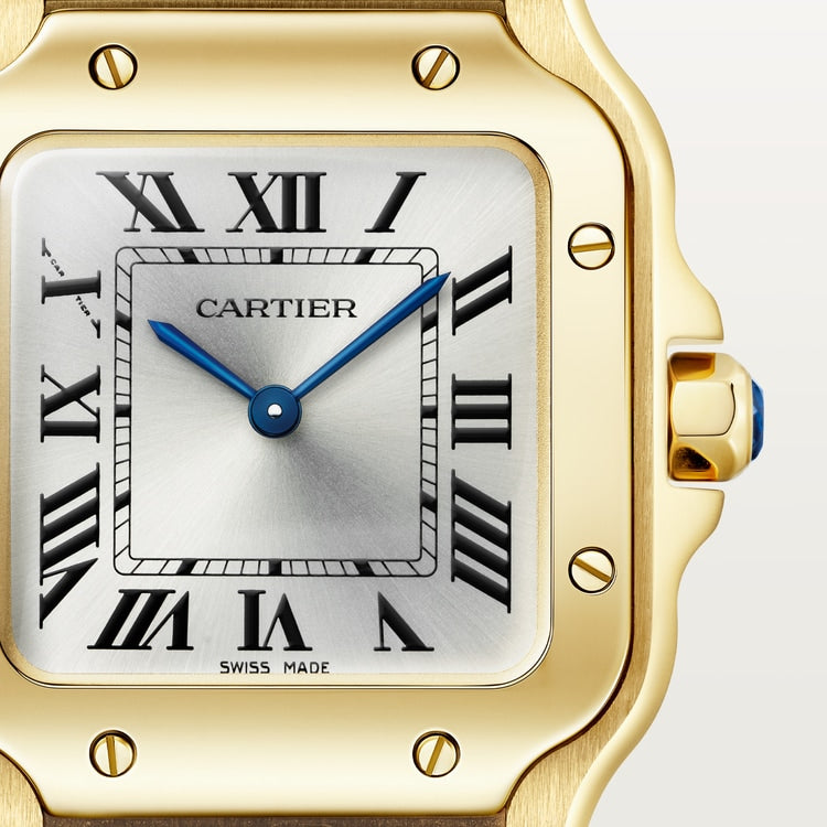 Santos de Cartier Small 34.5mm x 27mm Yellow Gold Blue Crown Silver Sunray Dial Yellow Gold Bracelet Quartz Watch