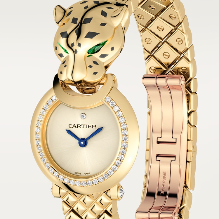 Panthère de Cartier Small 23.6mm Yellow Gold Diamond Bezel Tsavorite Eyes Golden Dial Yellow Gold Bracelet Quartz Watch