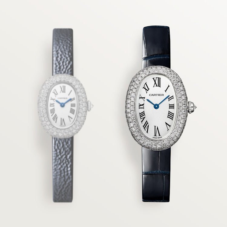 Baignoire Small 32mm x 26mm White Gold Diamond Case Diamond Crown Silvered Dial Navy Blue Alligator Strap Quartz Watch