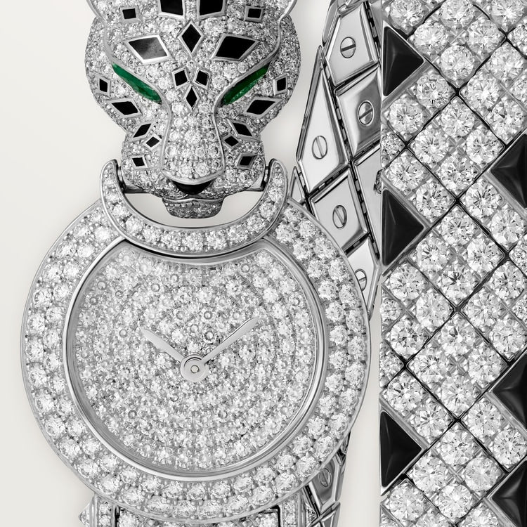 Panthère Small 23.6mm White Gold Diamond Case Diamond Panther Head Emerald Eyes Diamond Dial White Gold Diamond Bracelet Quartz Watch