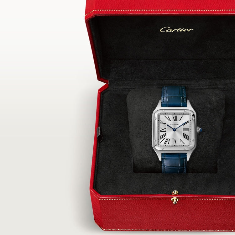 Santos-Dumont Large 43.5mm x 31.4mm Steel Silvered Satin-Finish Dial Navy Blue Alligator Strap Quartz Watch