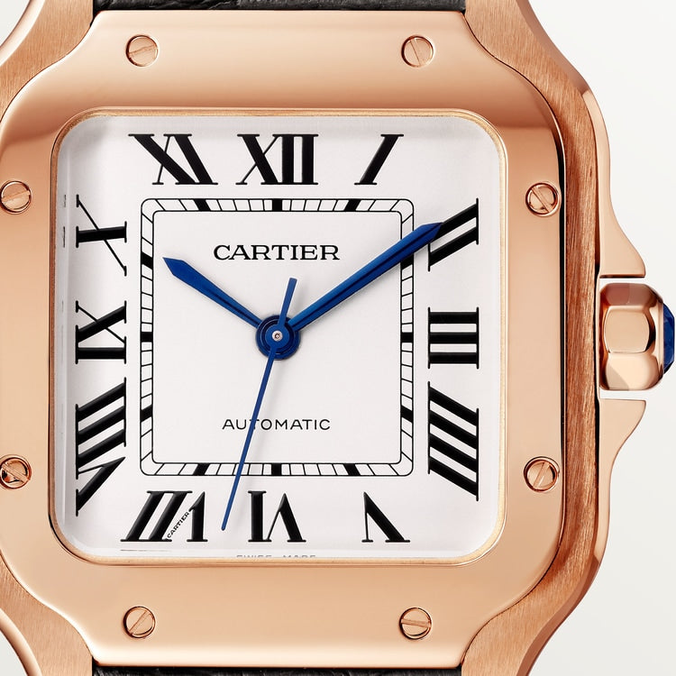 Santos de Cartier Medium 35.1mm Rose Gold Blue Crown Opaline Silver Dial Alligator Leather Strap Automatic Watch