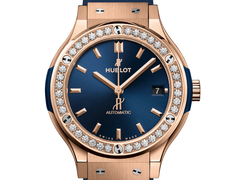 Classic Fusion 38MM 18K King Gold Blue Diamond Dial Rubber Strap Watch