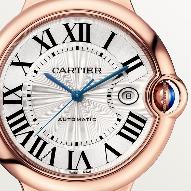 Ballon Bleu 42mm Rose Gold Automatic Silver Guilloché Dial Alligator Strap Watch