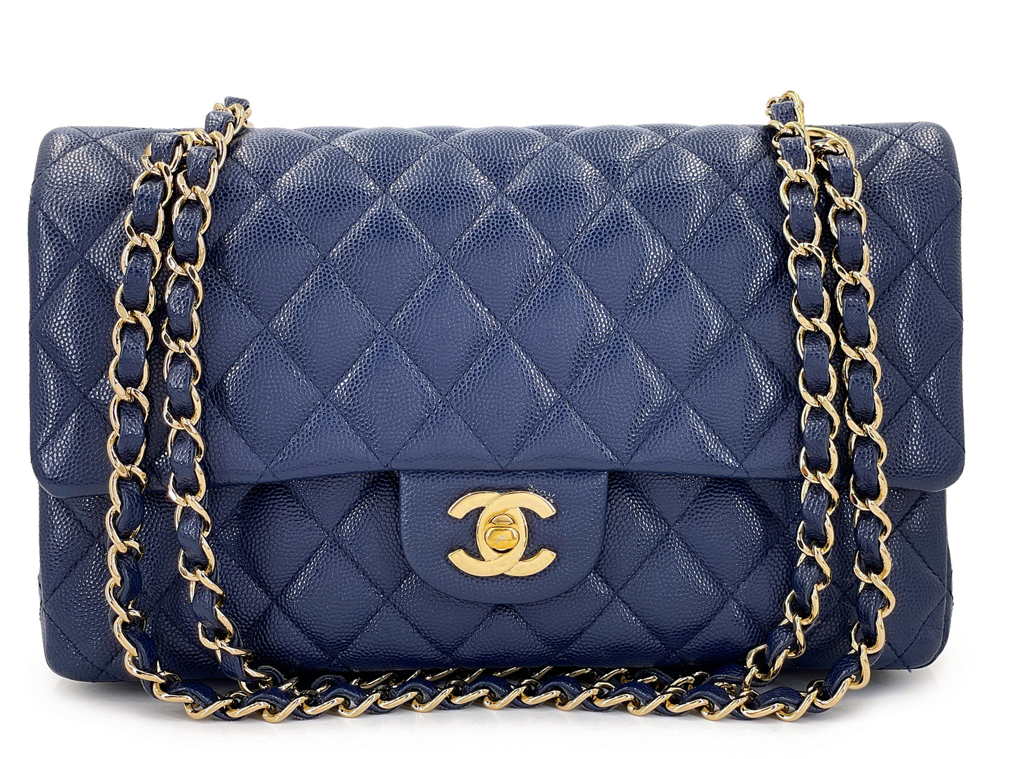Navy Blue Quilted Caviar Medium Classic Double Flap Bag Gold Hardware 01