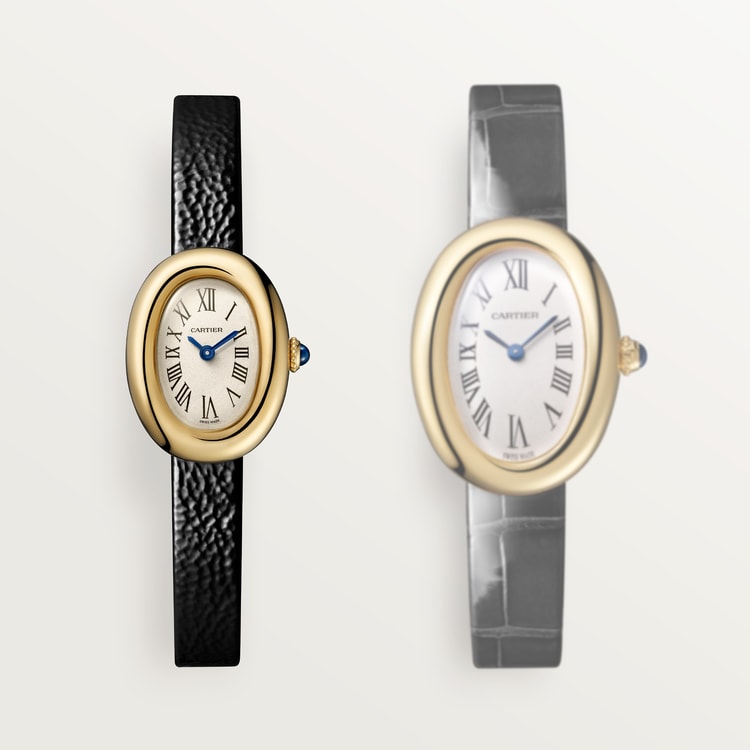 Baignoire Mini 24.6mm x 18.7mm Yellow Gold Beaded Crown Sapphire Cabochon Silvered Dial Black Patent Leather Strap Quartz Watch