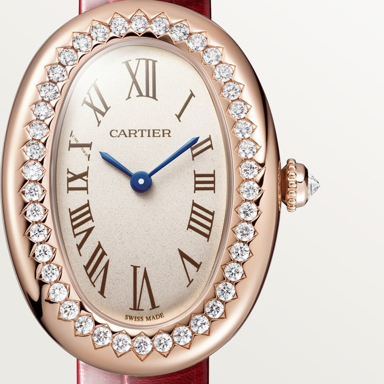 Baignoire Small 31.4mm x 23.09mm Rose Gold Diamond Case Diamond Crown Silvered Dial Red Alligator Strap Quartz Watch