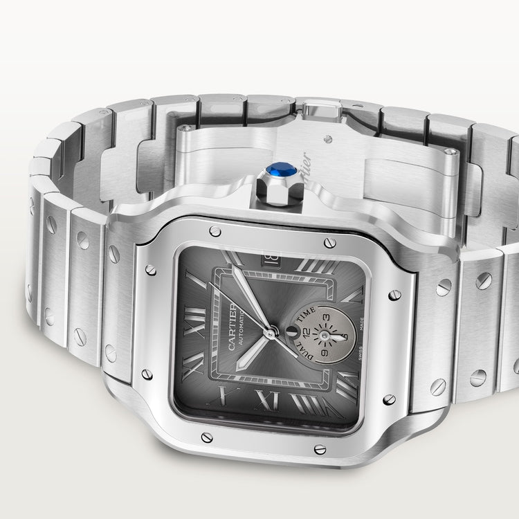 Santos de Cartier Dual Time Large 40.2mm Steel Blue Crown Anthracite Gray Dial Steel Bracelet Automatic Watch