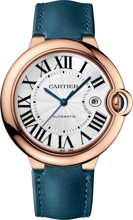 Ballon Bleu 42mm Rose Gold Automatic Silver Guilloché Dial Leather Strap Watch