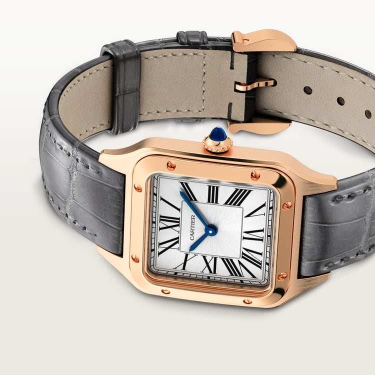 Santos-Dumont Small 38mm x 27.5mm Rose Gold Blue Crown Silver Sunray Dial Gray Alligator Leather Strap Quartz Watch