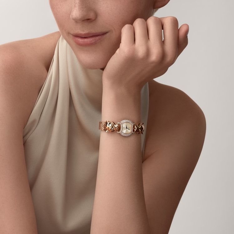 Panthère Mini 22.2mm Rose Gold Diamond Case Diamond Crown Rose Dial Rose Gold Bracelet Quartz Watch
