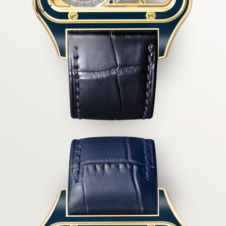 Santos-Dumont Skeleton Large 31mm Yellow Gold Blue Crown Skeleton Dial Blue Alligator Strap Self-Winding Watch
