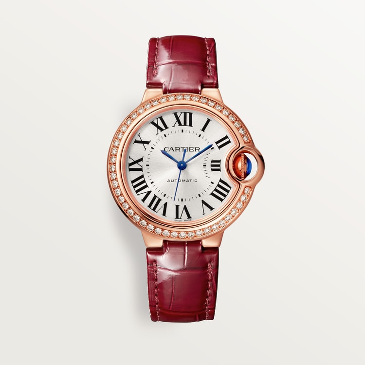 Ballon Bleu 33mm Rose Gold Diamond Case Silvered Sunray Dial Burgundy Alligator Strap Automatic Watch