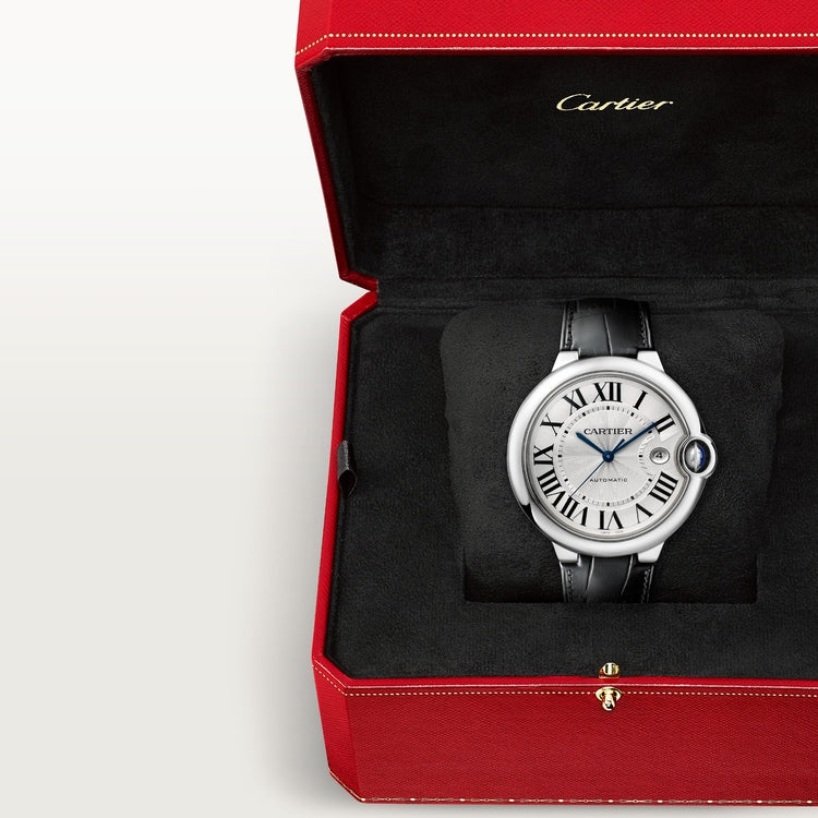 Ballon Bleu 42mm Steel Automatic Silver Guilloché Dial Alligator Strap Watch