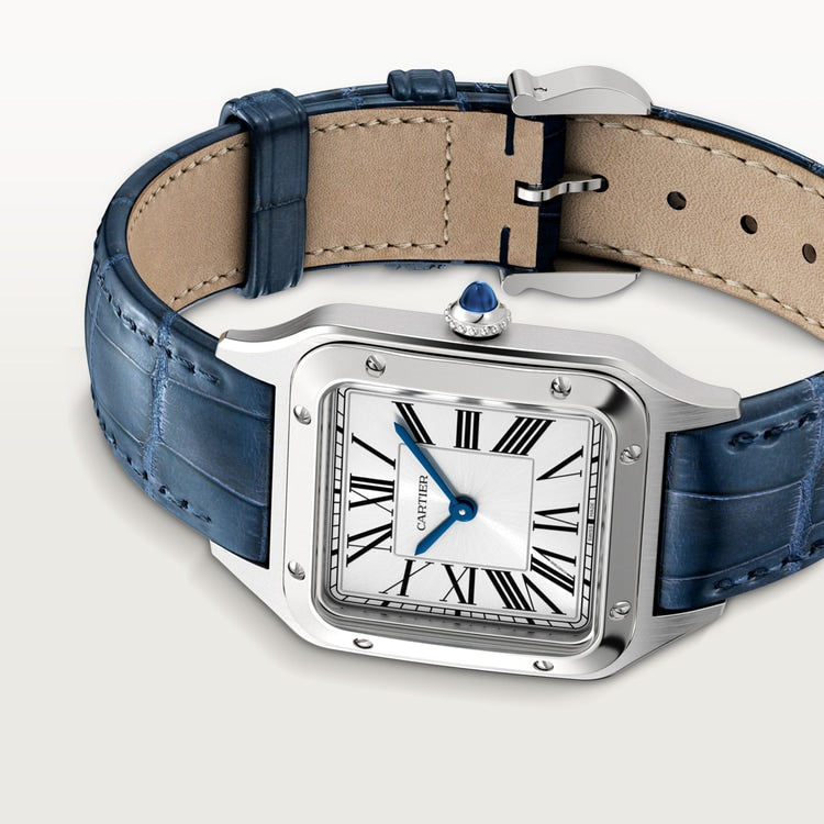 Santos-Dumont Small 38mm x 27.5mm Steel Blue Crown Silver Sunray Dial Navy Blue Alligator Strap Quartz Watch