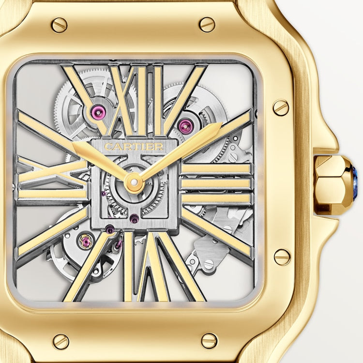 Santos de Cartier Large 39.7mm Yellow Gold Blue Crown Skeleton Dial Yellow Gold Bracelet Manual-Winding Watch