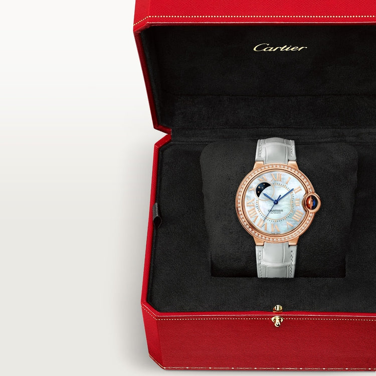 Ballon Bleu 36mm Rose Gold Diamond Case Mother-of-Pearl Day Night Dial Gray Alligator Strap Watch