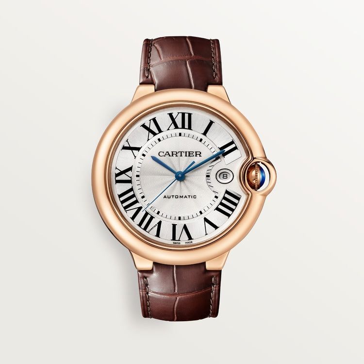 Ballon Bleu 42mm Rose Gold Automatic Silver Guilloché Dial Alligator Strap Watch