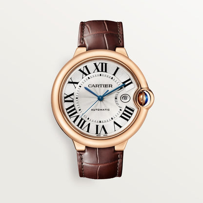 Ballon Bleu 42mm Rose Gold Automatic Silver Guilloché Dial Alligator Strap Watch