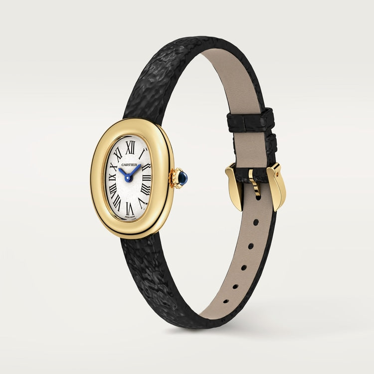 Baignoire Mini 24.6mm x 18.7mm Yellow Gold Beaded Crown Sapphire Cabochon Silvered Dial Black Patent Leather Strap Quartz Watch