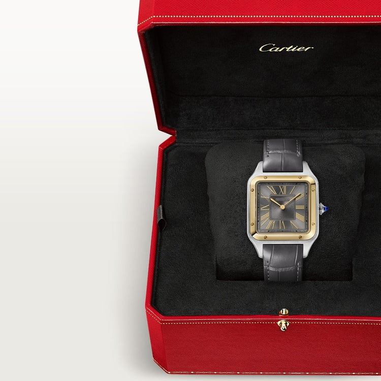 Santos-Dumont Large 43.5mm x 31.4mm Steel Yellow Gold Bezel Gray Dial Alligator Strap Quartz Watch