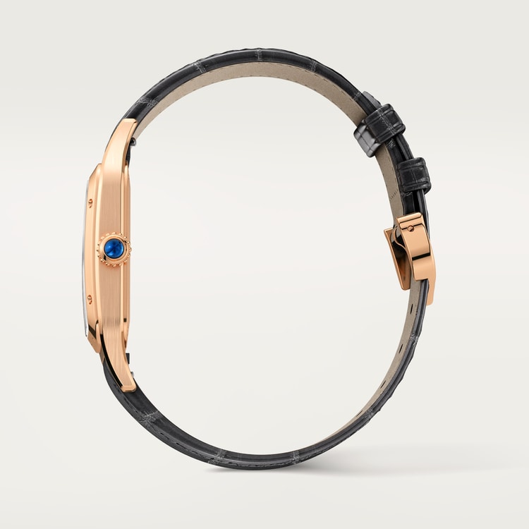 Santos-Dumont Large 43.5mm x 31.4mm Rose Gold Silver Satin-Finish Dial Gray Alligator Strap Quartz Watch