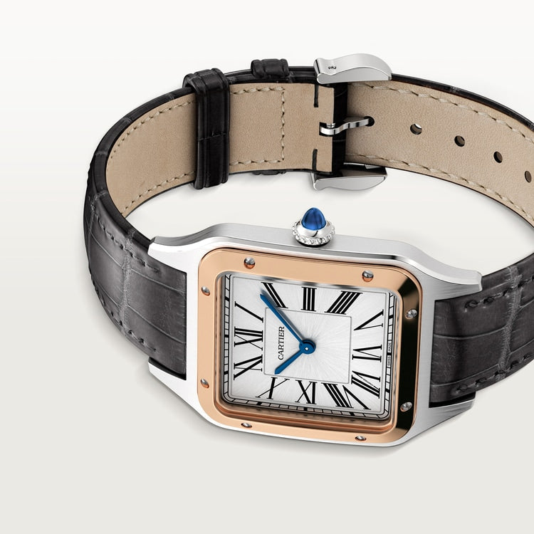 Santos-Dumont Large 43.5mm x 31.4mm Rose Gold Steel Blue Crown Silver Sunray Dial Alligator Leather Strap Quartz Watch