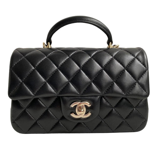 Chanel Flap Bag with Top Handle Black Lambskin Light Gold Hardware