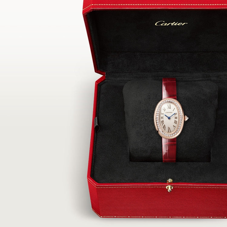Baignoire Small 31.4mm x 23.09mm Rose Gold Diamond Case Diamond Crown Silvered Dial Red Alligator Strap Quartz Watch