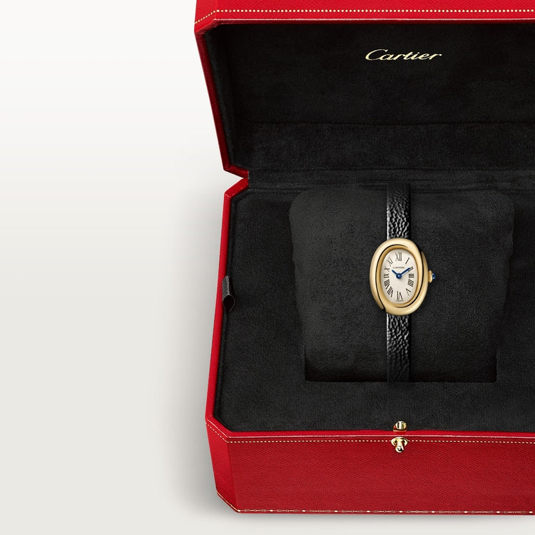 Baignoire Mini 24.6mm x 18.7mm Yellow Gold Beaded Crown Sapphire Cabochon Silvered Dial Black Patent Leather Strap Quartz Watch
