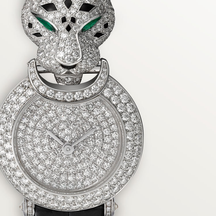Panthère Small 23.6mm White Gold Diamond Bezel Emerald Eyes Diamond Dial Black Alligator Strap Quartz Watch