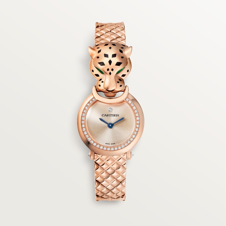 Panthère Small 23.6mm Rose Gold Diamond Bezel Tsavorite Eyes Golden Dial Rose Gold Bracelet Quartz Watch