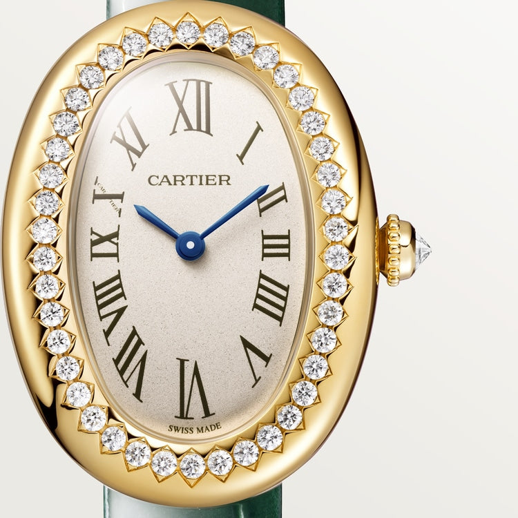 Baignoire Mini 31.4mm x 23.09mm Yellow Gold Diamond Case Diamond Crown Silvered Dial Green Alligator Strap Quartz Watch