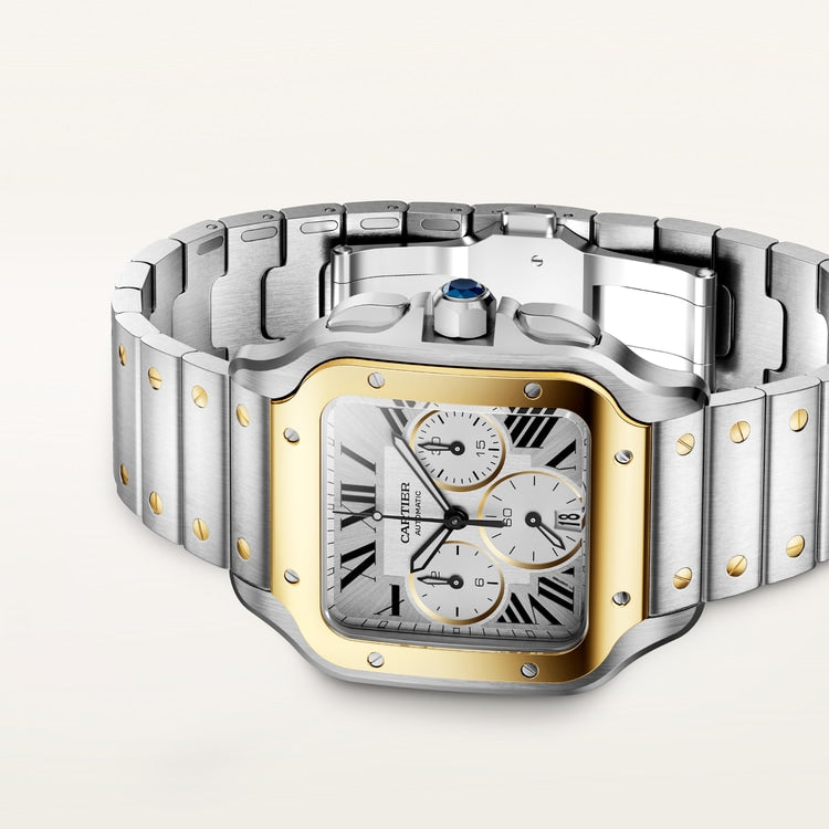 Santos de Cartier Large 47.5mm Steel Yellow Gold Chronograph Silvered Dial Steel Bracelet Self-Winding Watch