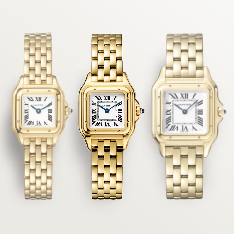Panthère Mini 22mm x 30.3mm Yellow Gold Blue Sapphire Crown Silvered Dial Yellow Gold Bracelet Quartz Watch