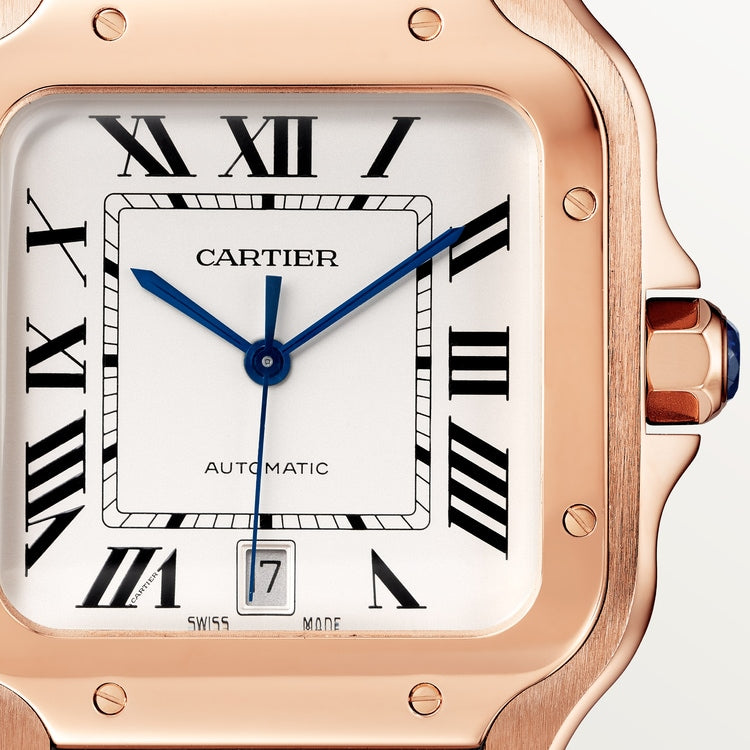 Santos de Cartier Large 39.8mm Rose Gold Blue Crown Opaline Silver Dial Alligator Strap Self-Winding Watch