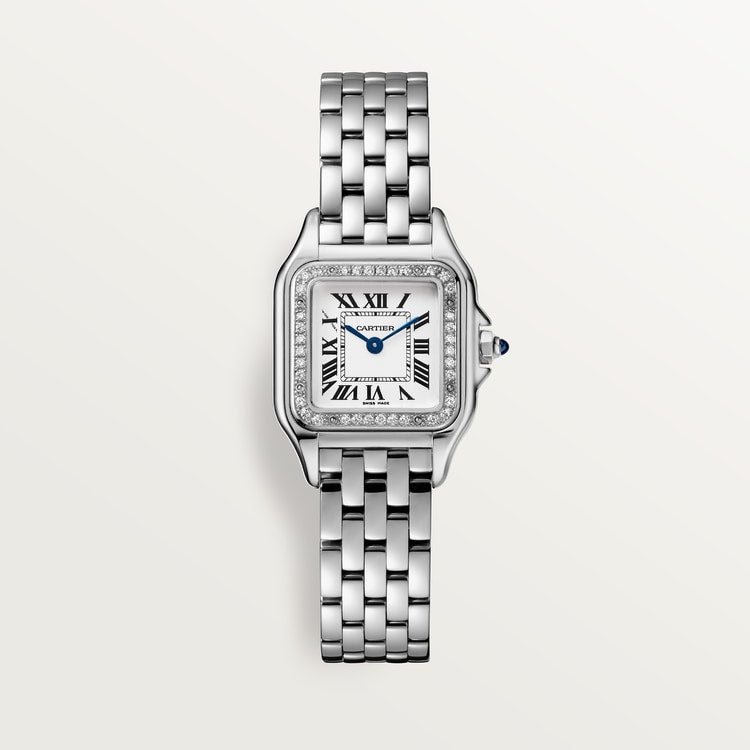 Panthère de Cartier Small 23mm x 30mm Steel Diamond Bezel Blue Crown Silver Dial Steel Bracelet Quartz Watch
