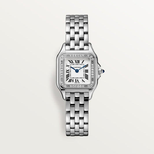 ساعة Panthère de Cartier صغيرة مقاس 23 مم × 30 مم من الفولاذ، إطار مرصع بالألماس، تاج أزرق، ميناء فضي، سوار من الفولاذ، حركة كوارتز