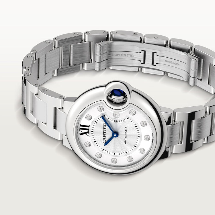 Ballon Bleu 33mm Steel Automatic Silvered Flinqué Dial Diamond-Set Steel Bracelet Watch