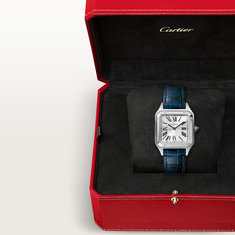 Santos-Dumont Small 38mm x 27.5mm Steel Blue Crown Silver Sunray Dial Navy Blue Alligator Strap Quartz Watch