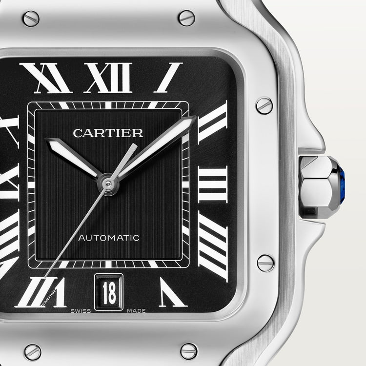 Santos de Cartier Large 39.8mm Steel Blue Crown Black Dial Steel Bracelet Self-Winding Watch