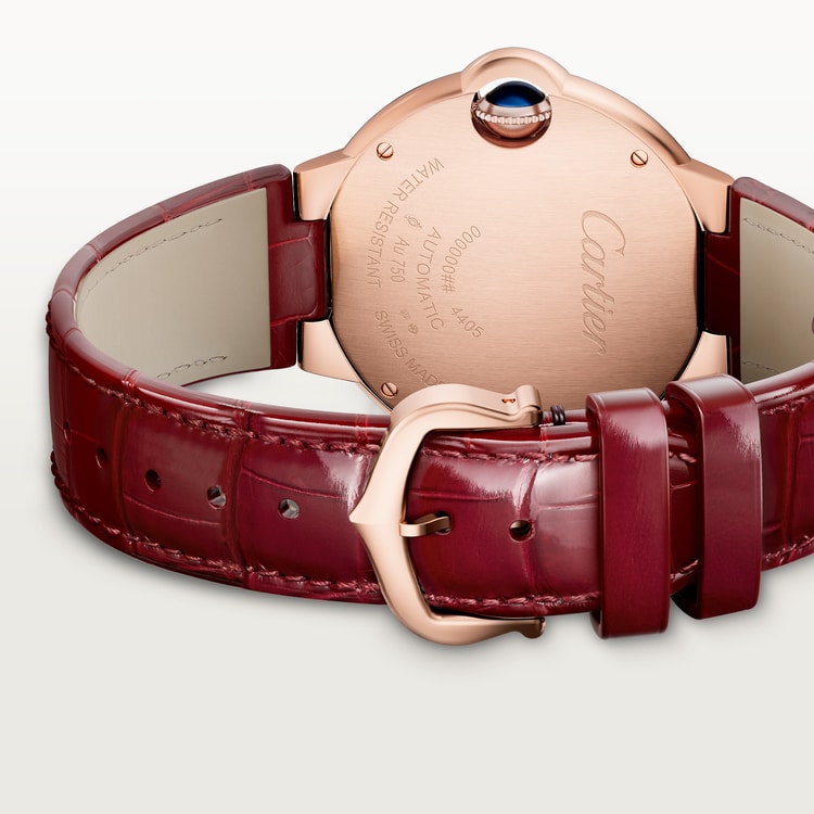 Ballon Bleu 33mm Rose Gold Diamond Case Silvered Sunray Dial Burgundy Alligator Strap Automatic Watch